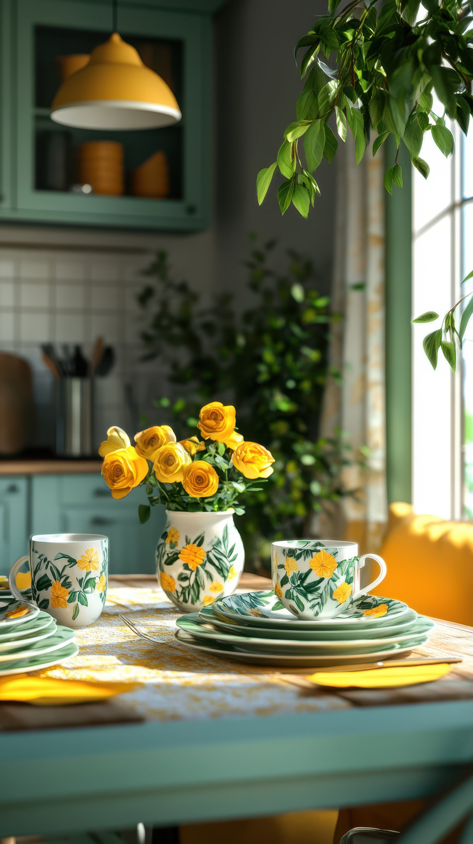 Bright and cheerful dining setup with floral decor and sunny colors in a cozy kitchen environment